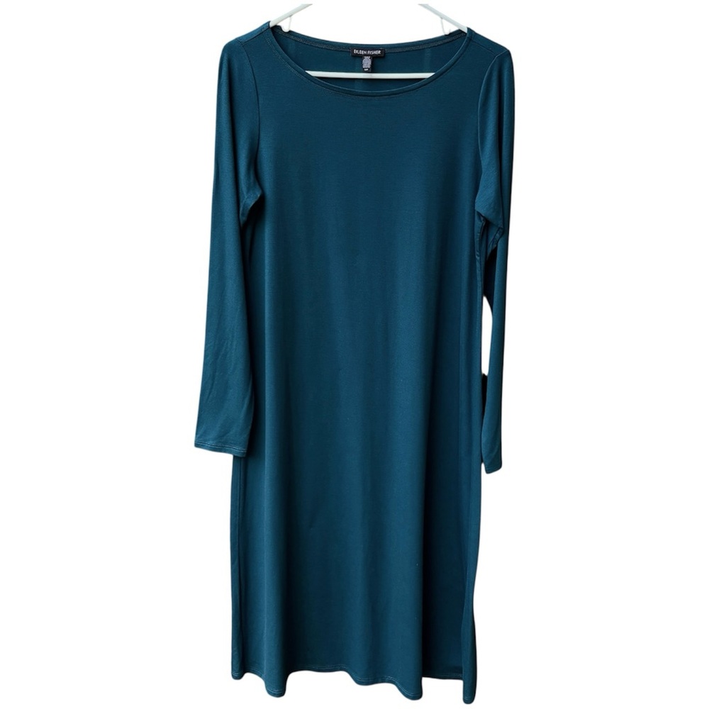 Eileen Fisher Stretch Tencel Jersey Knit Bateau Neck Dress NWOT In Teal Sz S
